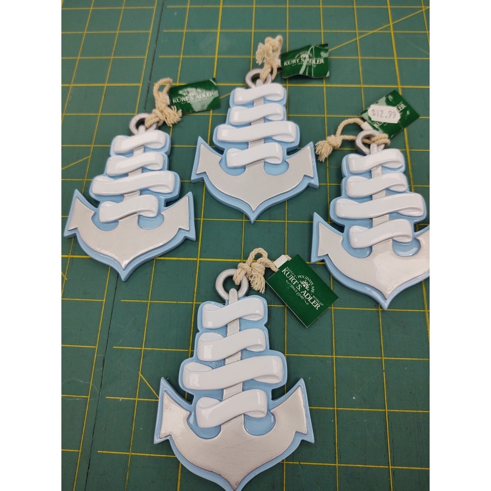 NEW Kurt S. Adler Resin Blue Anchor‎ Christmas Ornaments Coastal Beach Set of 4